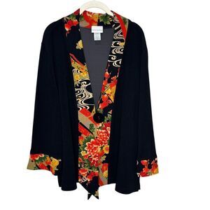 Soft Surroundings Black Red Floral Cardigan Topper Size XL Artsy Japanese Button